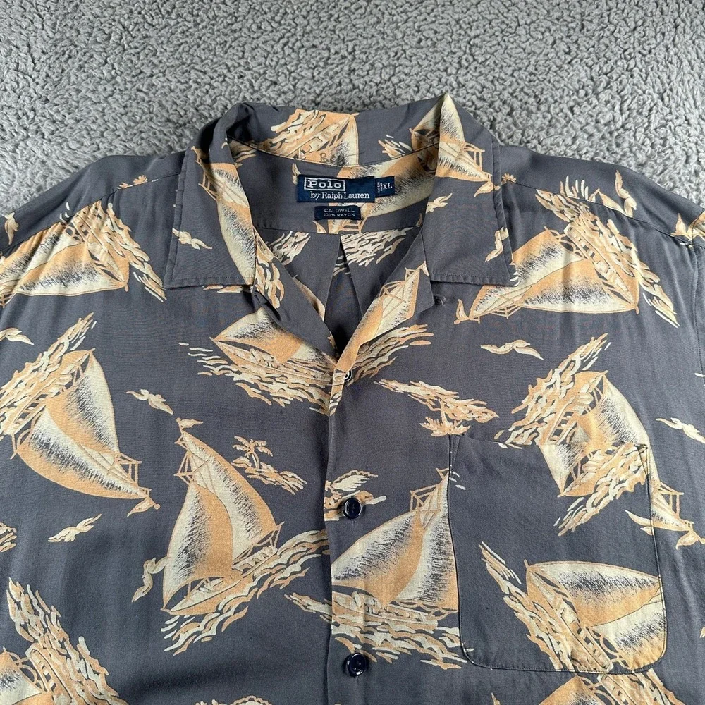 Vtg Polo Ralph Lauren Caldwell Shirt Mens XL Gray Rayon Sailboat Loop Collar 90s